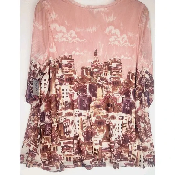 Catherines Womens Blouse Vneck Cityscape Print Bohemian Lined Boho Size 1X - Picture 6 of 8